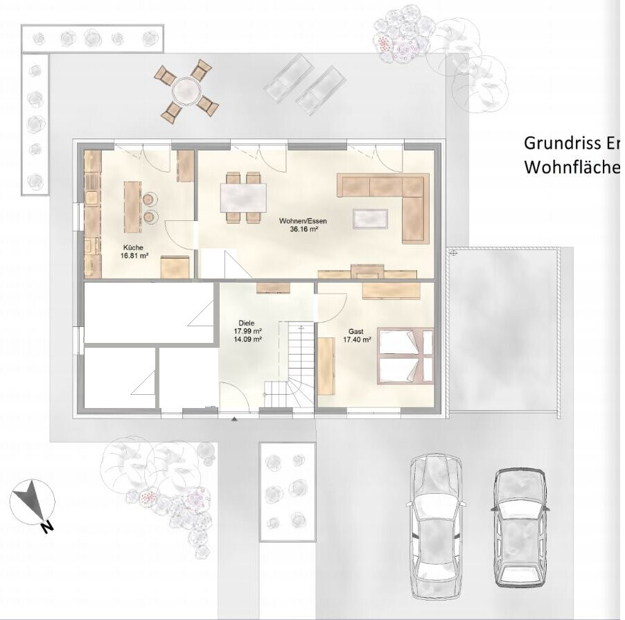 Ground floor plan: kitchen, living/dining area, hallway, guest room, terrace, parking spaces.