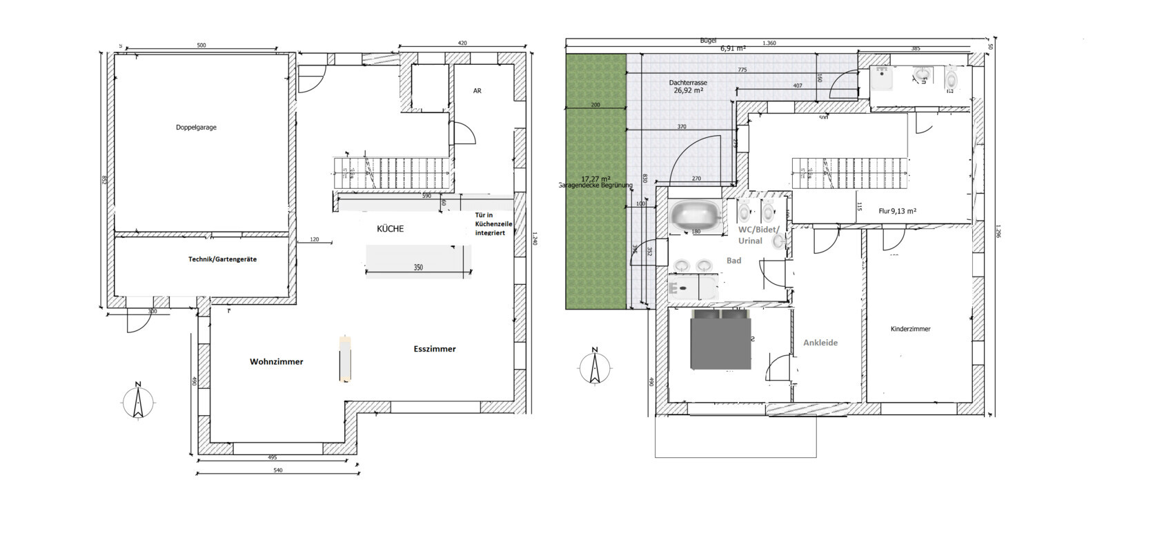 Two-story floor plan: double garage, kitchen, living and dining area; roof terrace, bathroom, toilet, walk-in closet