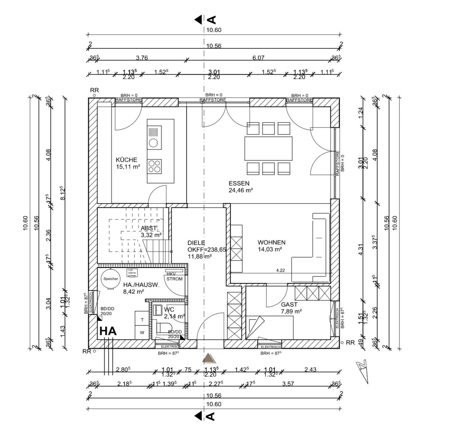 Architectural floor plan: kitchen, dining, living, guest room, entrance hall, storage room, WC.