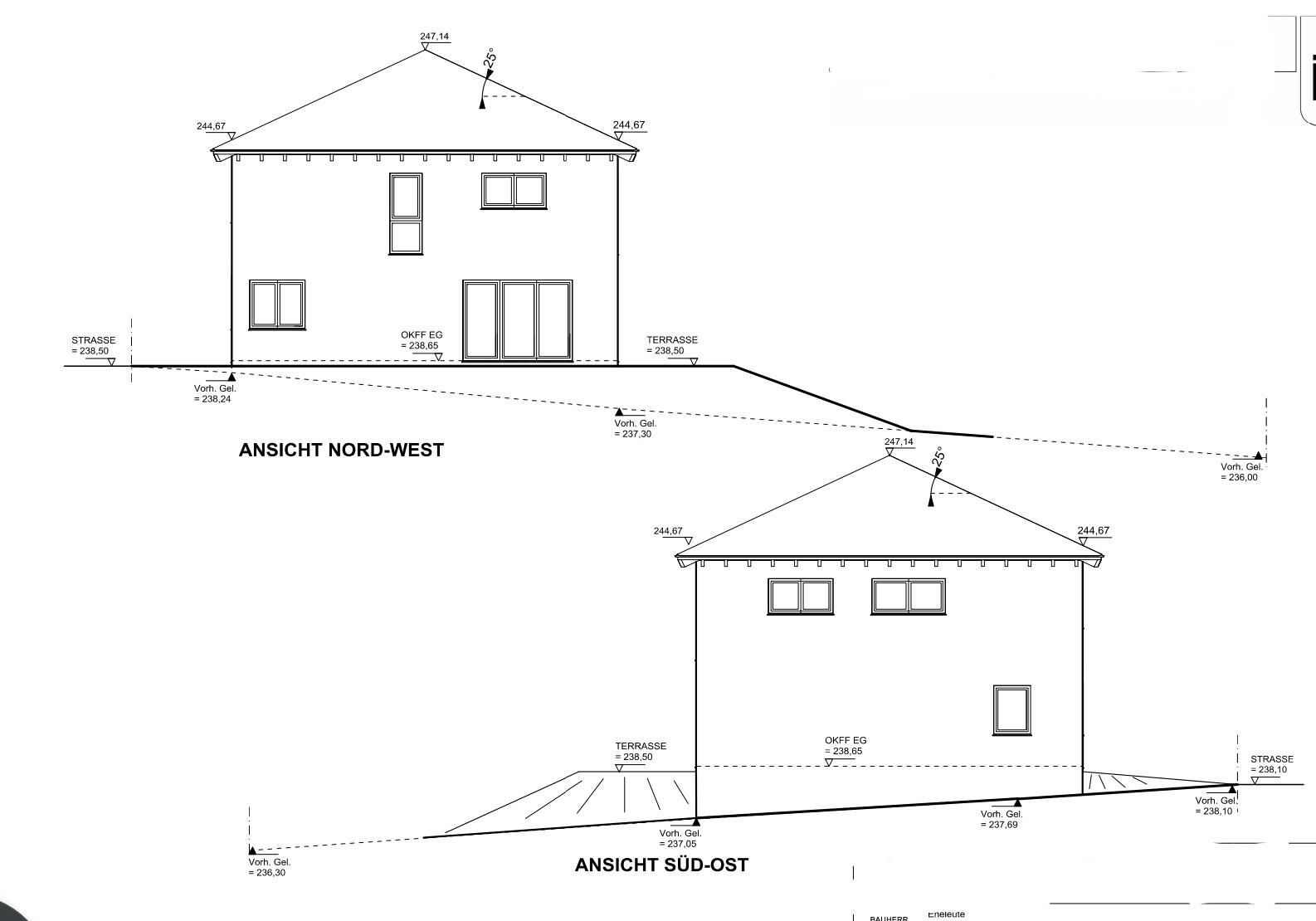 Architectural drawing: northwest and southeast views of a house with roof, windows, and terrace.