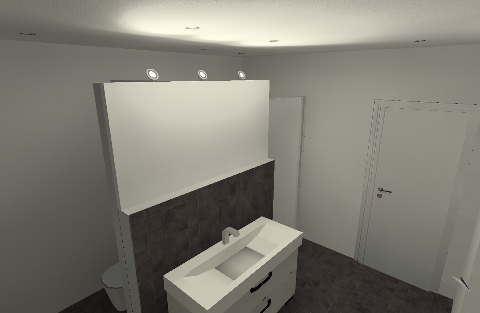 Bathroom with white washbasin, dark tiled wall, three ceiling lights, door on the right