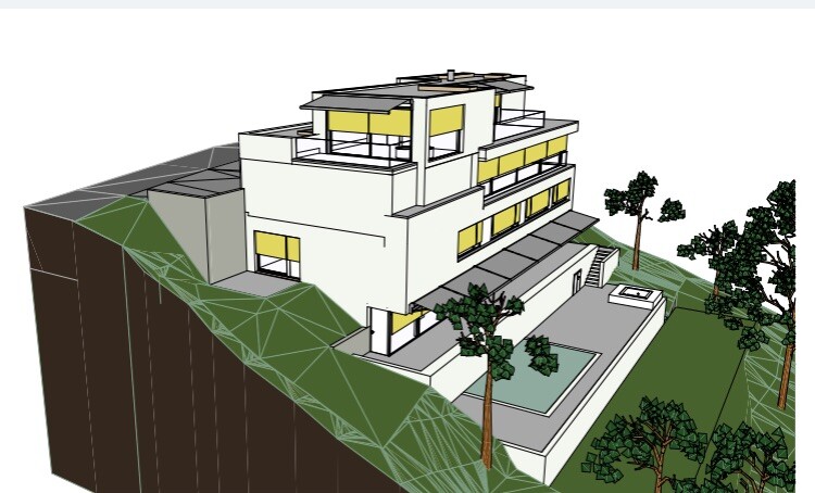 3D architectural model of a modern villa on a slope with terraces and trees