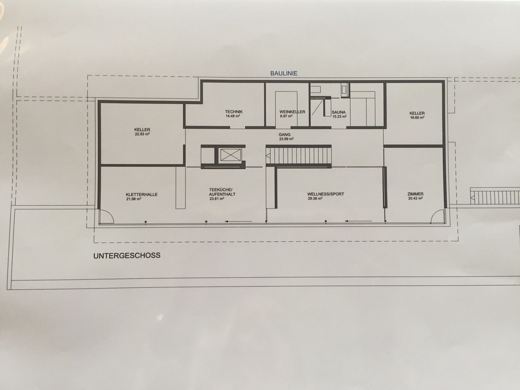 Basement floor plan with cellars, technical room, sauna, wellness area, and room