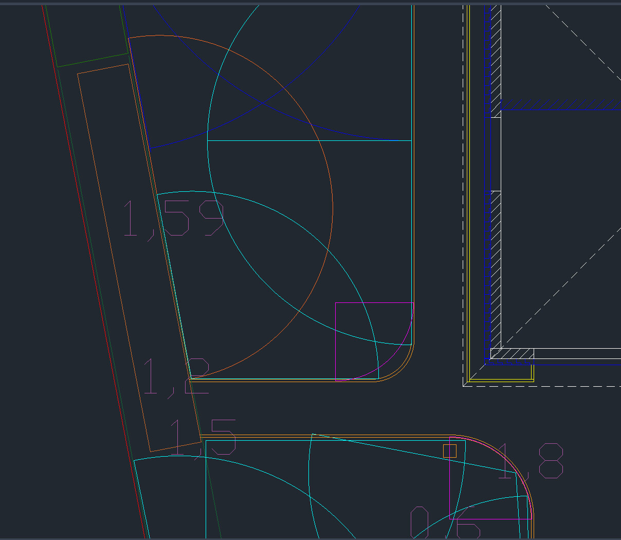 Technical CAD drawing with lines, circles, and corner fillets on a dark background.