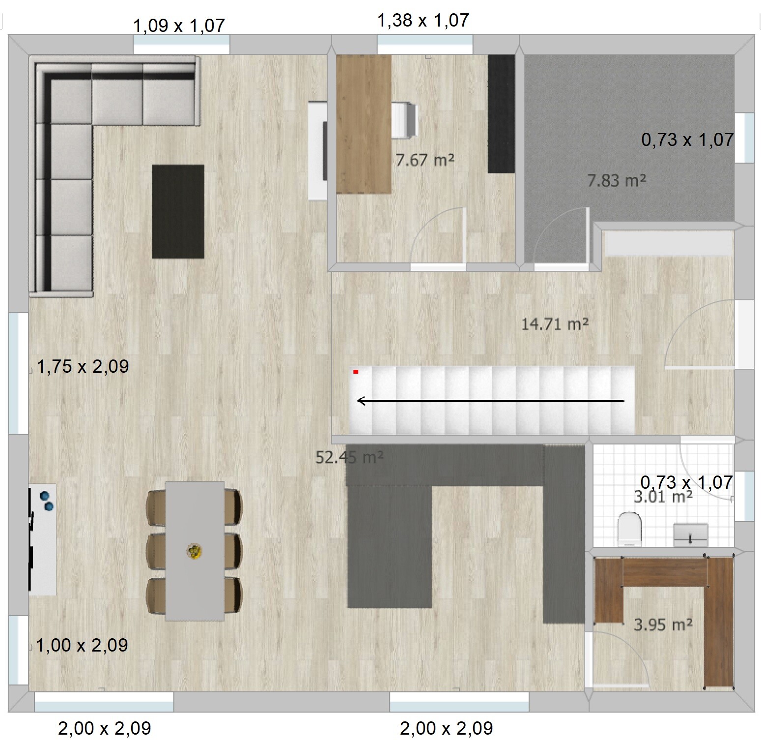 Floor plan of an open living and dining area with kitchen, dining table, and sofa.