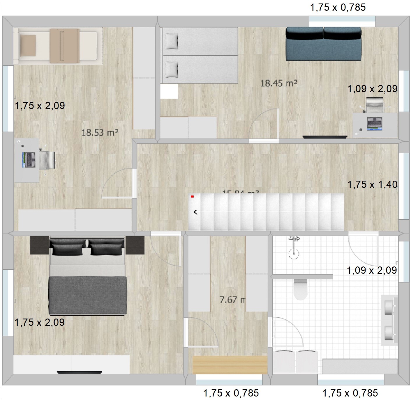 Floor plan of an apartment with bedroom, office, living room, kitchen, and bathroom.