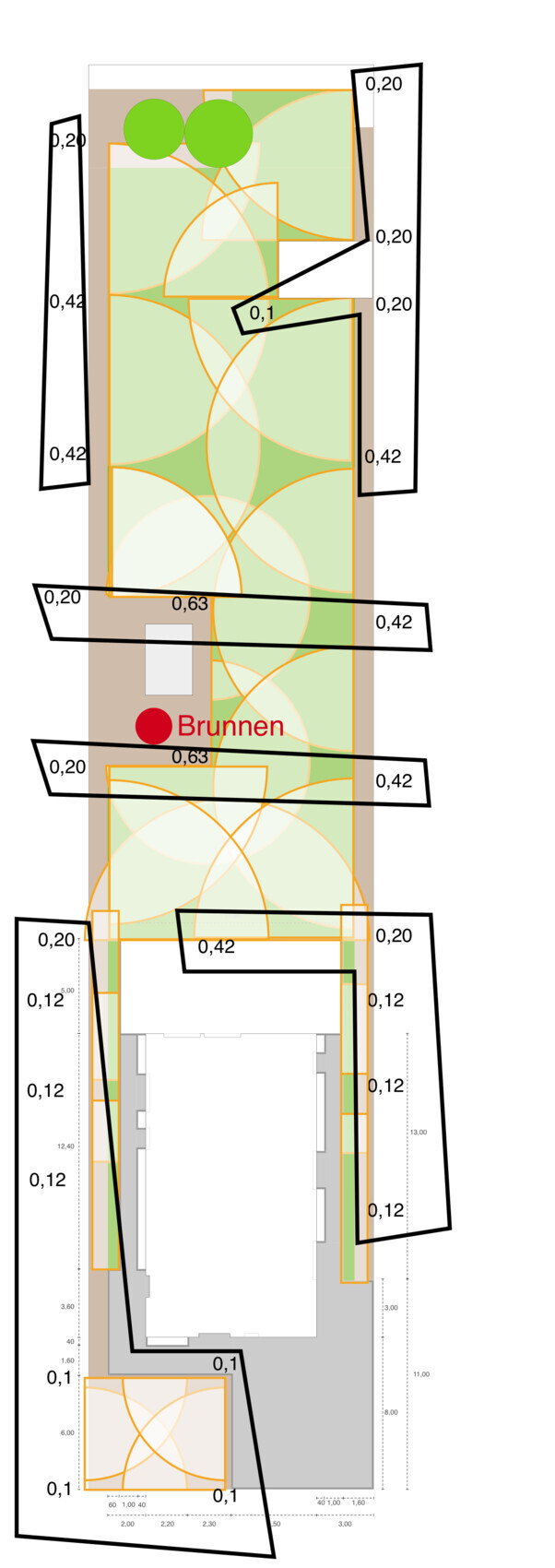 Garden and construction plan with green areas, two trees, orange circles/lines, and red well.