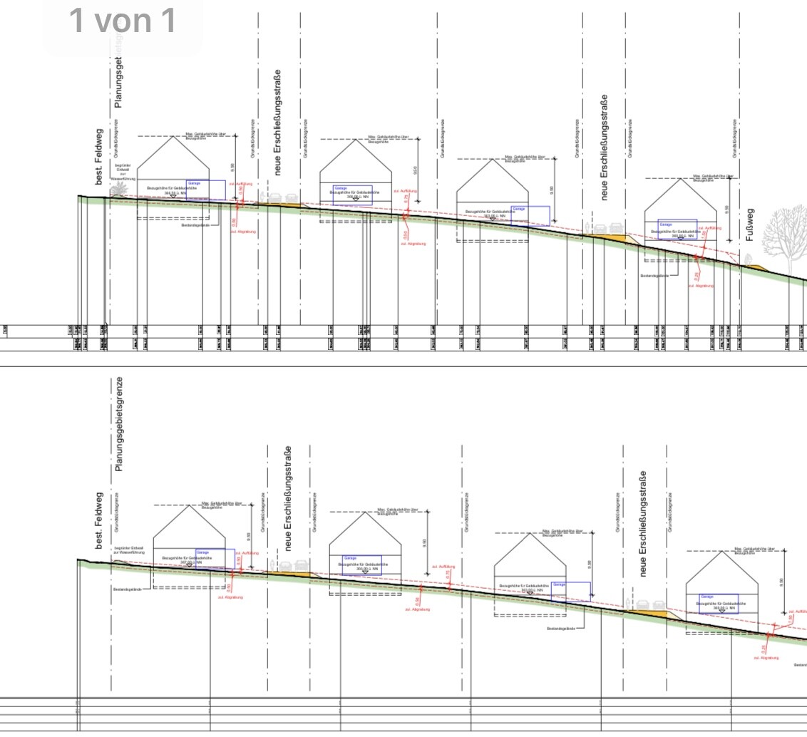 Cross-section of a development area: new access road, row of houses, and terrain slope