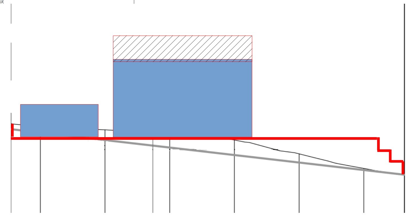Sketch: two blue rectangles; larger on the right; red outline and red line; grey diagonal.
