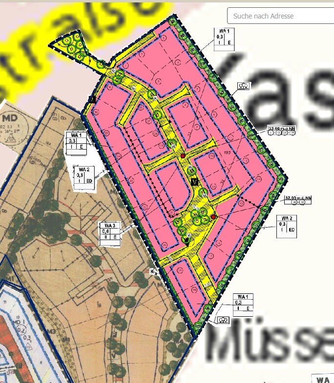 Bird’s-eye view of a development plan with pink plots, yellow paths, and rows of trees.