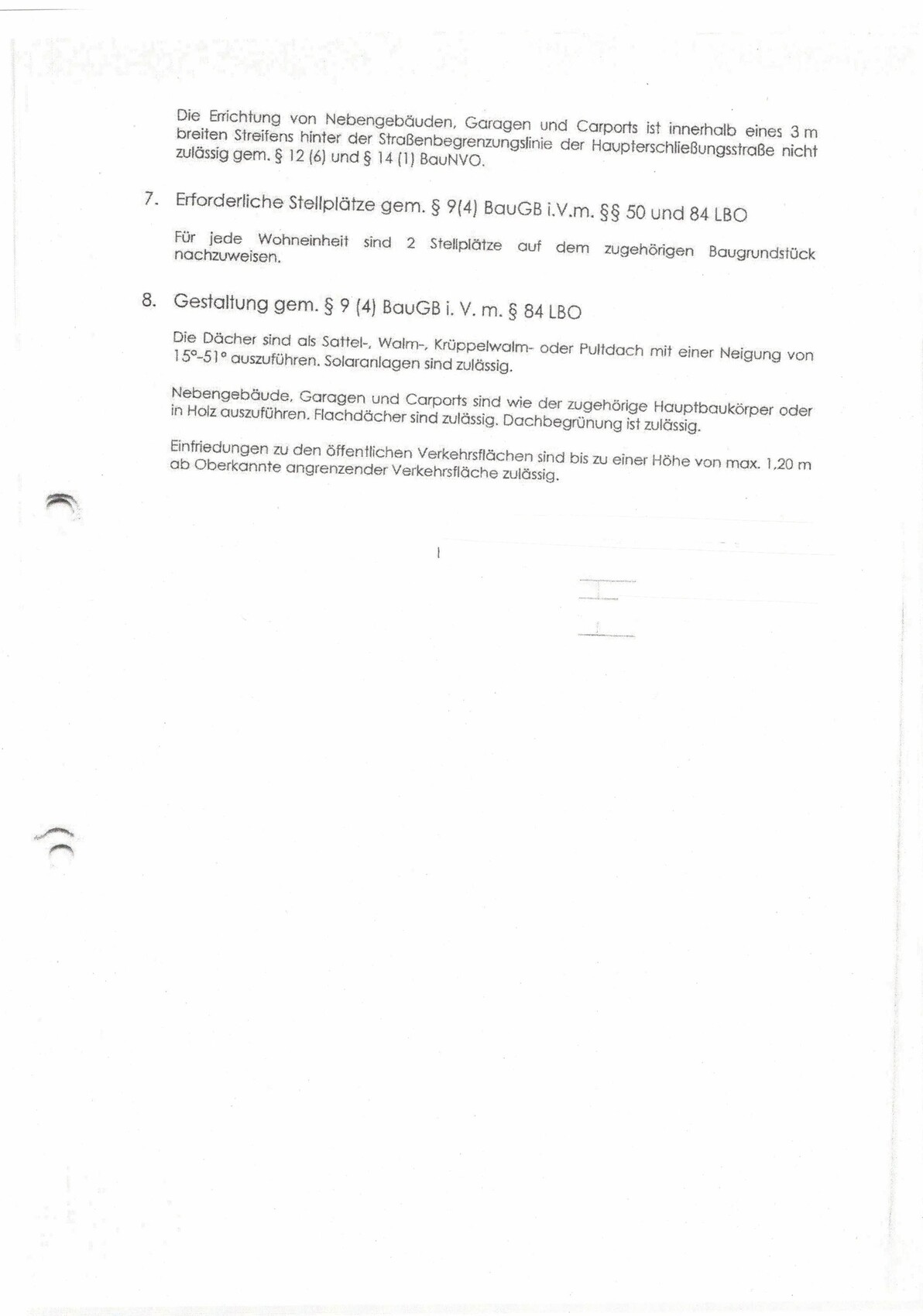 Document page with building regulations on parking spaces, roof types, and landscaping.