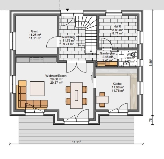 Floor plan of a single-family house with living room, kitchen, guest room, hallway, and cloakroom.