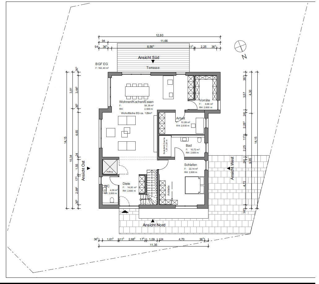 Floor plan of a house: living area, kitchen, bedroom, bathroom, terrace.