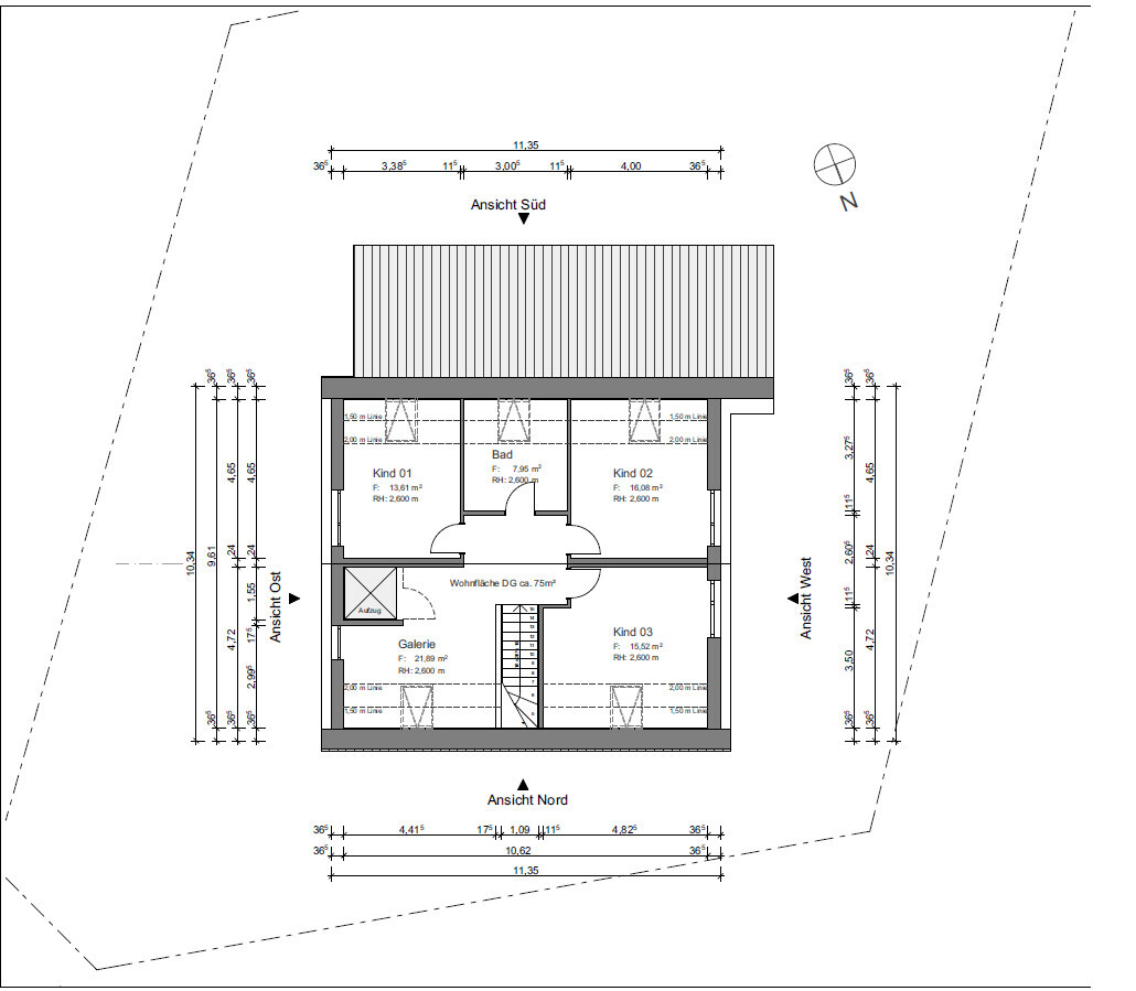 Upper floor plan with three children's rooms, bathroom, gallery, and staircase; plot outline.