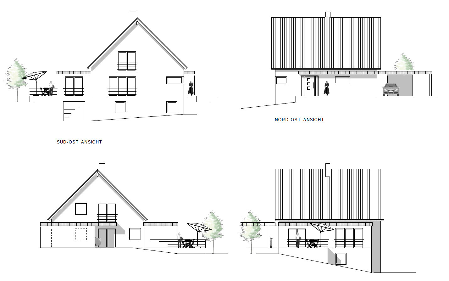 Four house views: southeast, northeast, terrace, trees, car.