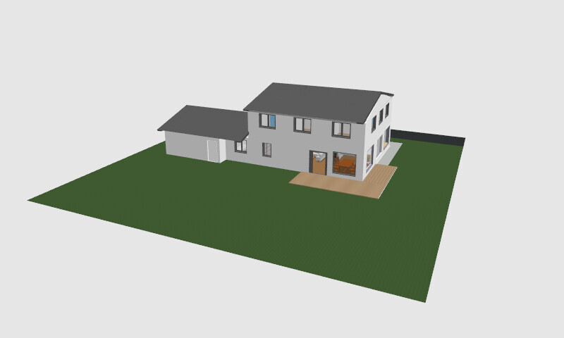 Zweistöckiges Haus mit Terrasse, Garage und grünem Rasen, Vogelperspektive.