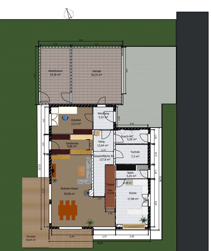 Grundriss eines Hauses mit Wohnzimmer, Küche, Speis, Technik, Garage, Abstellraum und Terrasse.