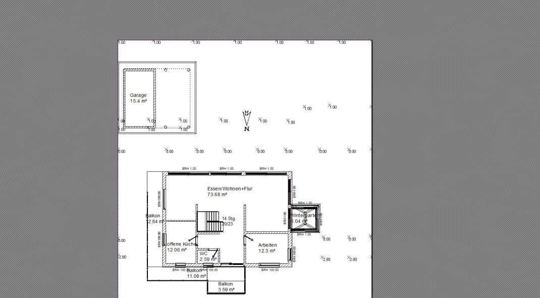 Floor plan of a house with garage, balcony, open kitchen, dining/living, home office