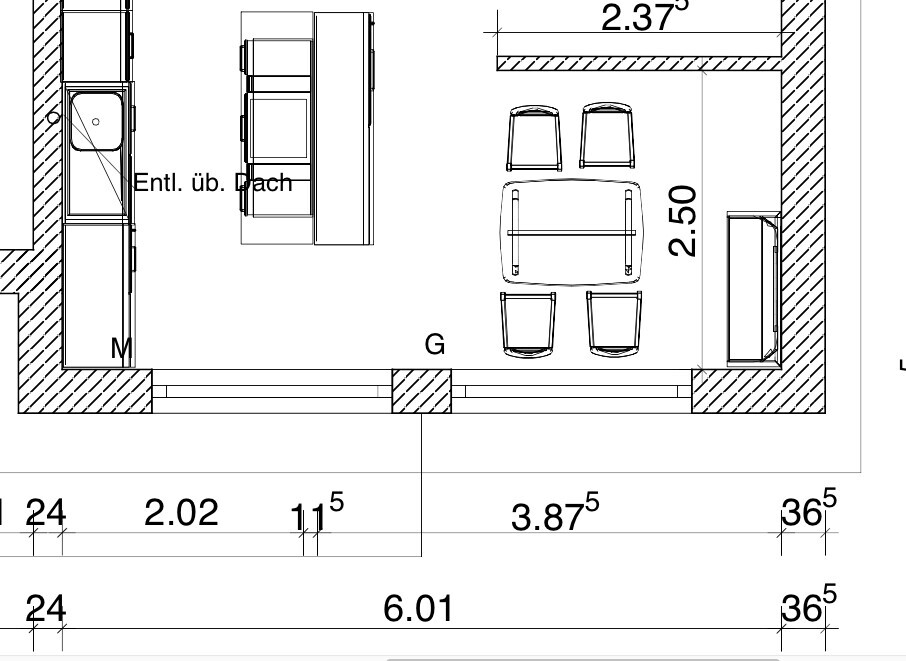2D floor plan of a living space with kitchen, dining table, and seating.