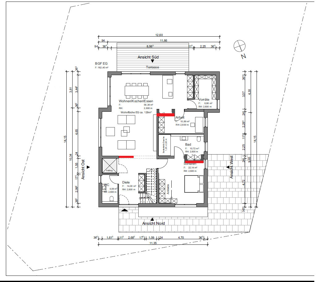 Floor plan of a house with living area, kitchen, terrace, bedroom, bathroom, hallway, WC, elevator.
