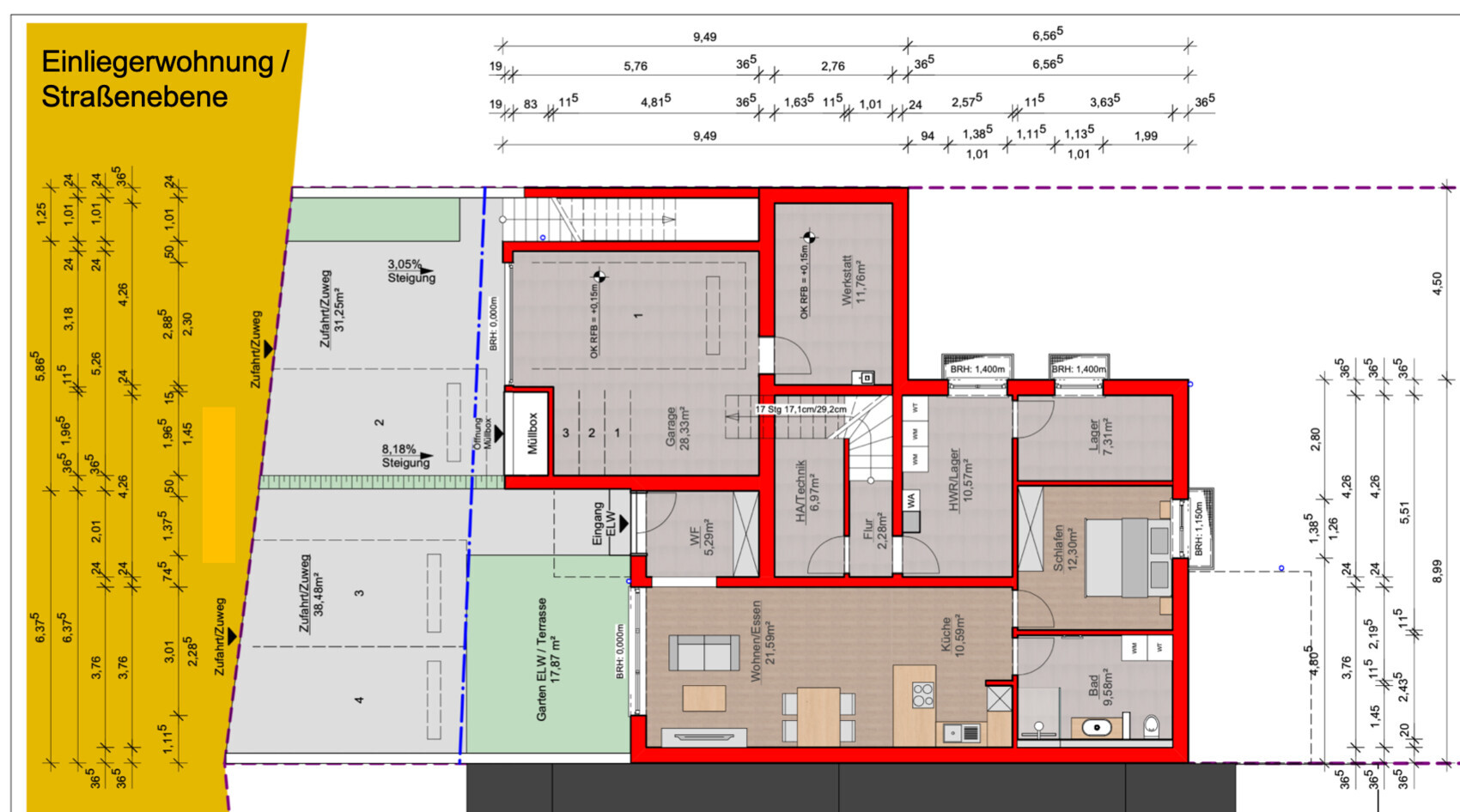 Grundriss eines Hauses: Einliegerwohnung am Straßenniveau, rote Umrandung und Zimmer.