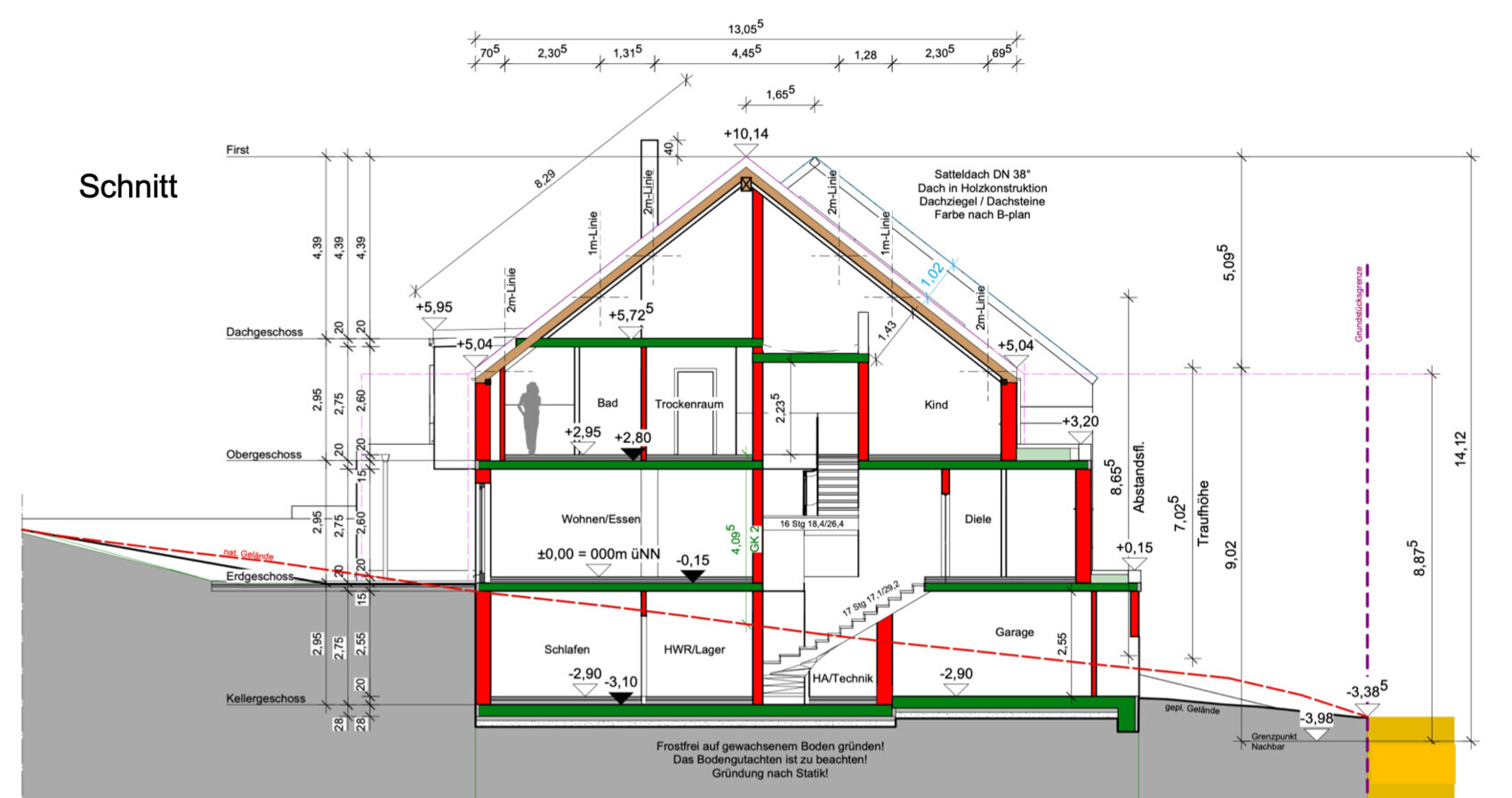 Architekten-Schnitt durch ein mehrstöckiges Haus, Keller bis Dachgeschoss, farbige Wände.