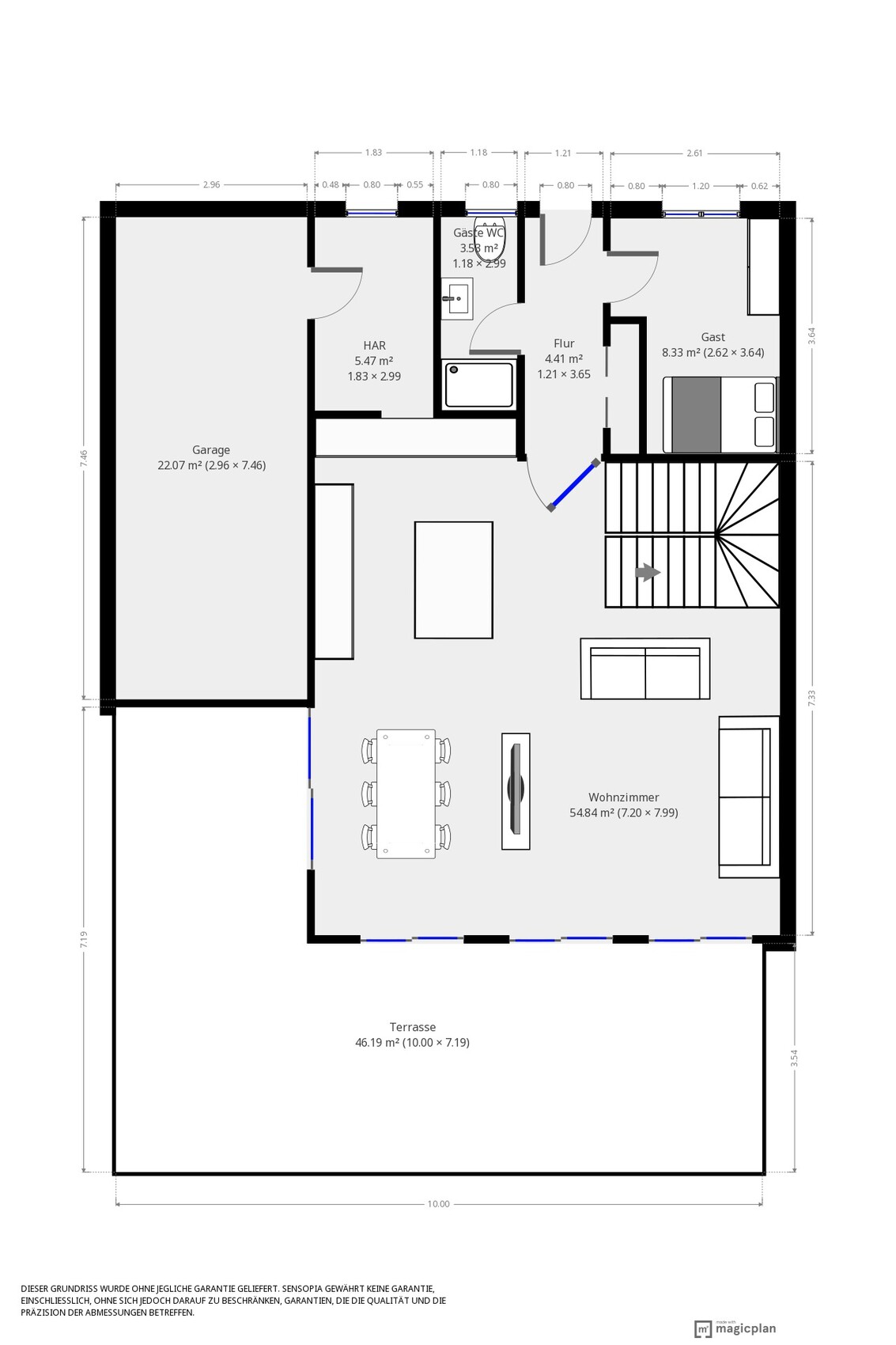 House floor plan: garage on the left, terrace at the bottom, living room with dining table, stairs on the right, hallway.