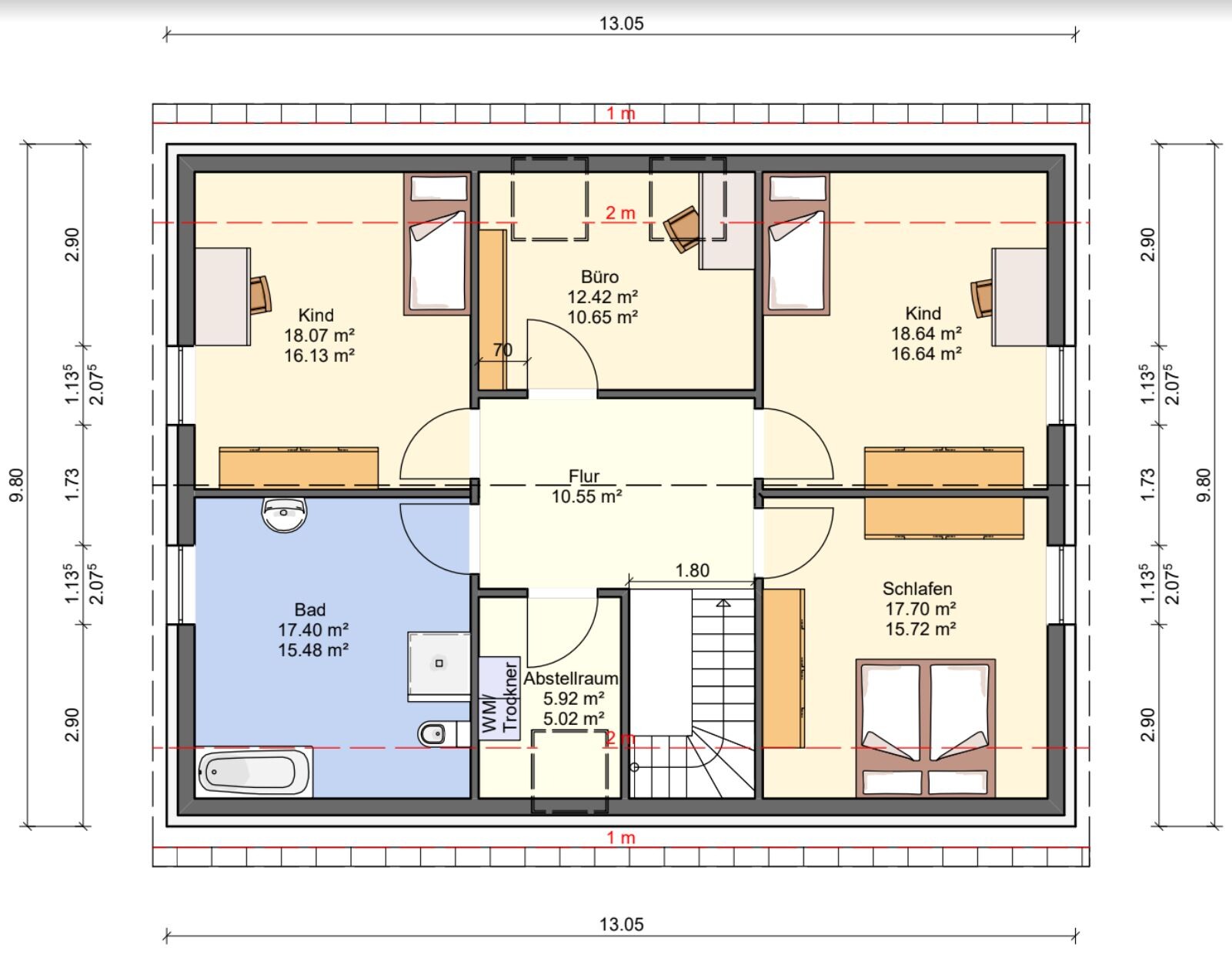 Grundriss eines Wohnhauses mit Flur, Bad, Abstellraum, Büro, Schlafen und zwei Kinderzimmer.
