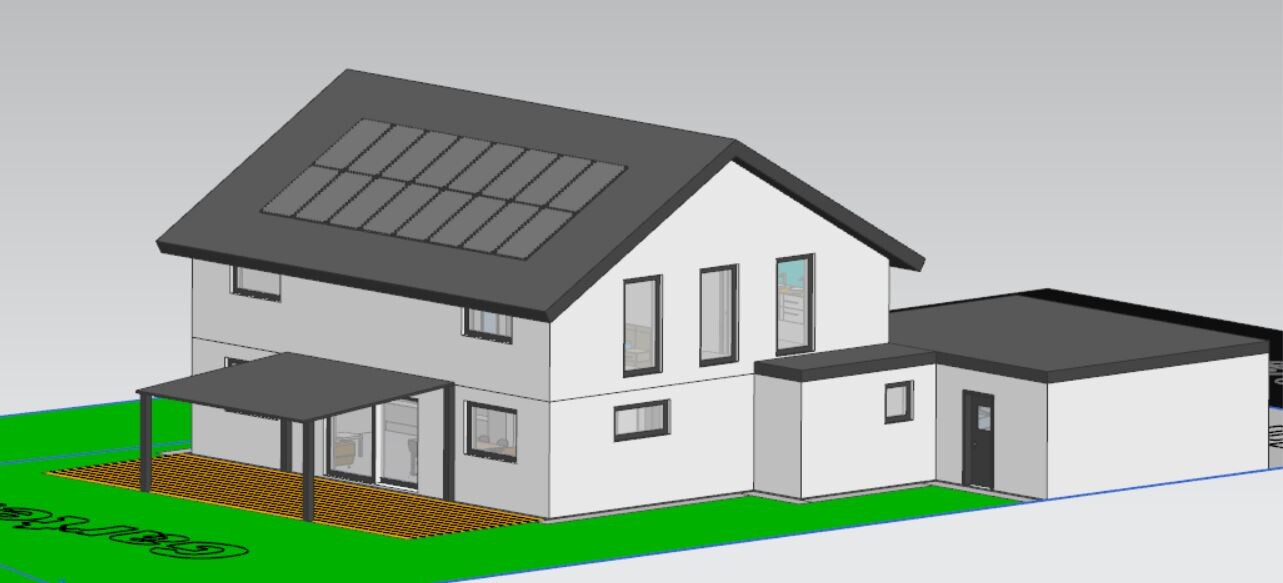 Modern two-story house with solar panels, covered wooden deck terrace, and green area.