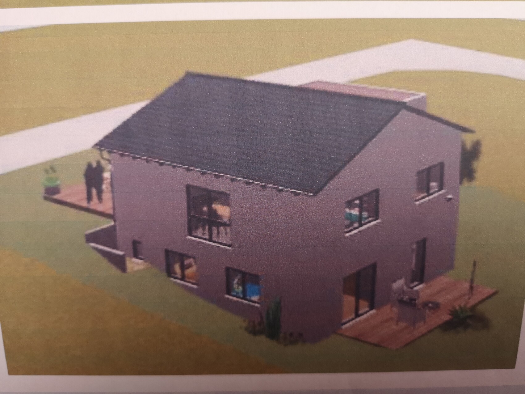 Zweistöckiges modernes Haus mit dunklem Dach, großen Fenstern und Holzdeck; zwei Silhouetten.