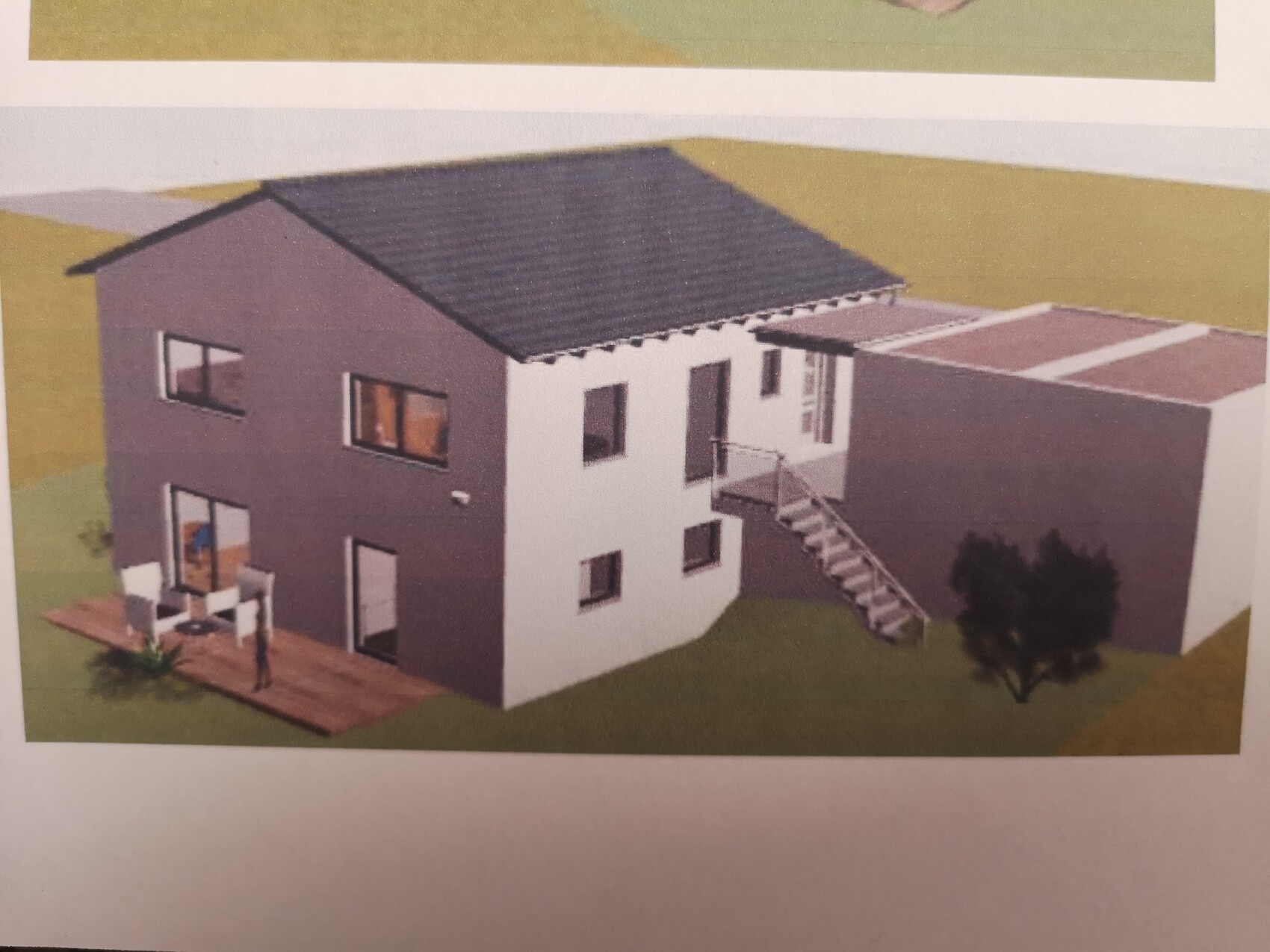 Modernes zweistöckiges Hausmodell mit grauer Fassade, weißem Mittelteil, Außentreppe und Terrasse.