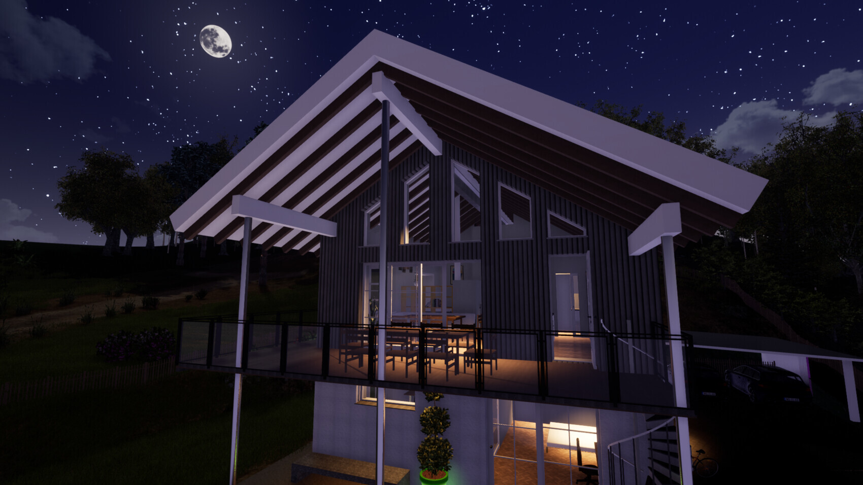 Modernes Haus mit großer Balkon-Terrasse, beleuchteter Innenraum, Sternenhimmel und Mond.