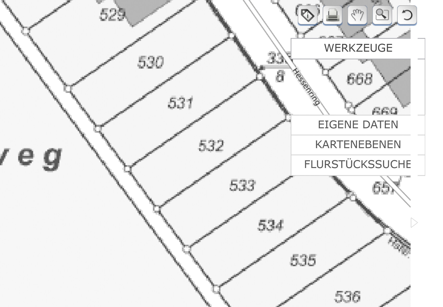 Map section with plots 530–536 and tool menu on the right.