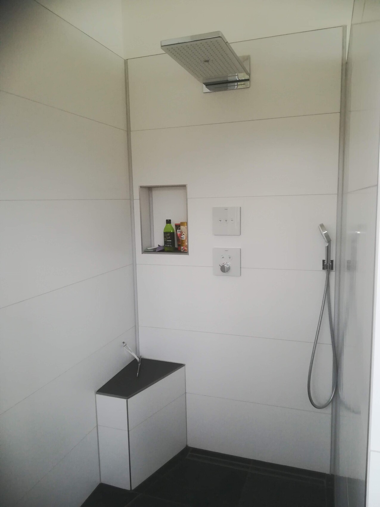 Modern shower with rain shower head, handheld shower, niche with products, dark floor.