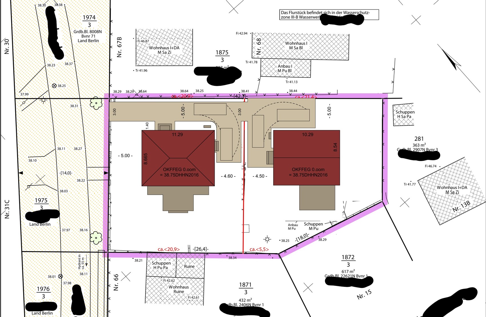 Site plan of a courtyard complex with two red buildings, pink outline and surrounding properties.