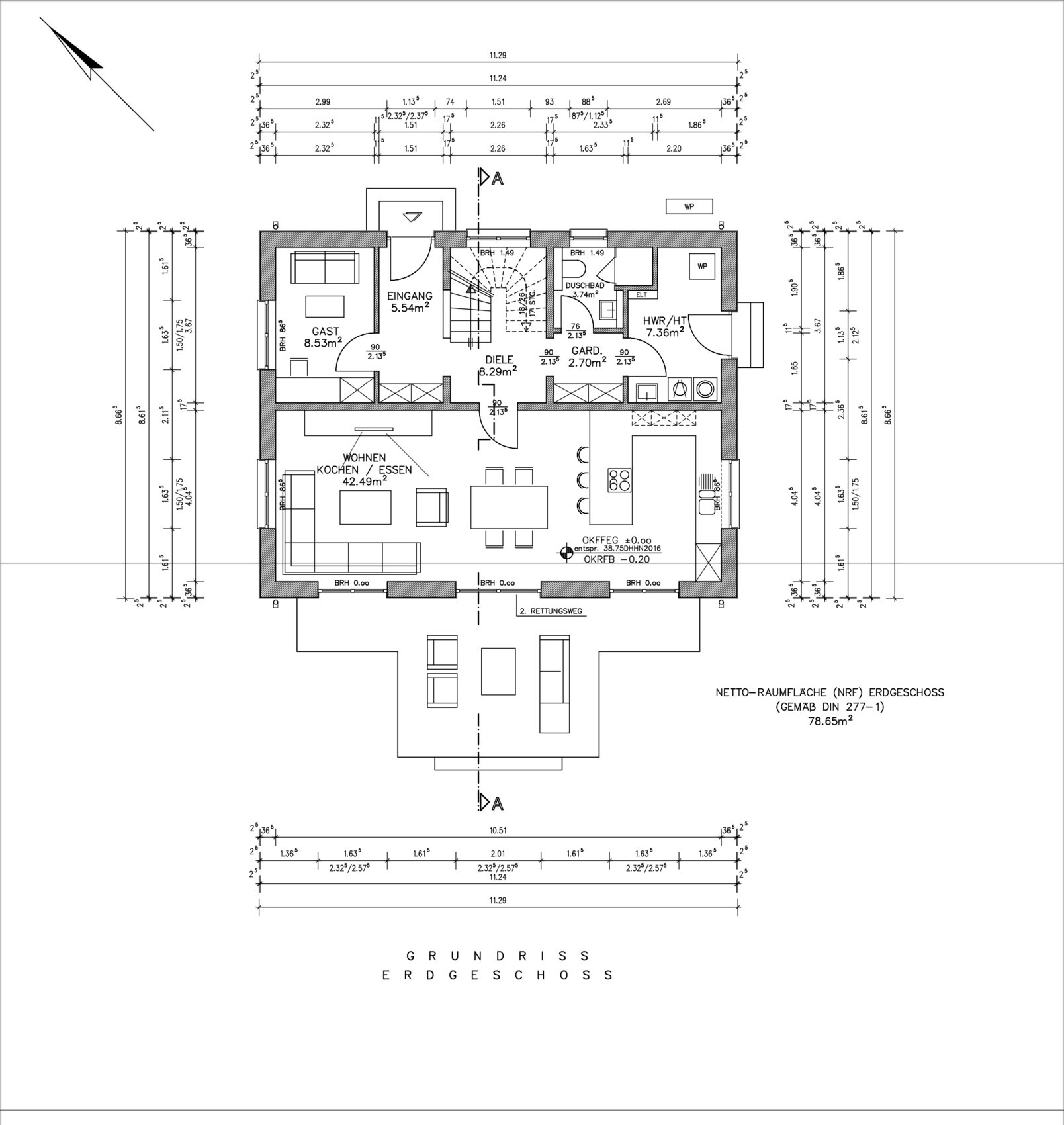 Ground floor plan: Open living area with kitchen, guest room, hallway, bathroom, stairs, terrace.