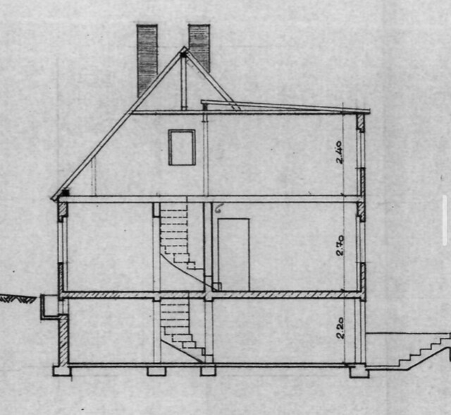 Cross-section of a three-story house with staircase, windows, and fireplace