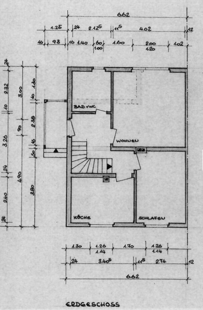 Ground floor plan: kitchen, living room, bedroom, bath/WC, stair area.