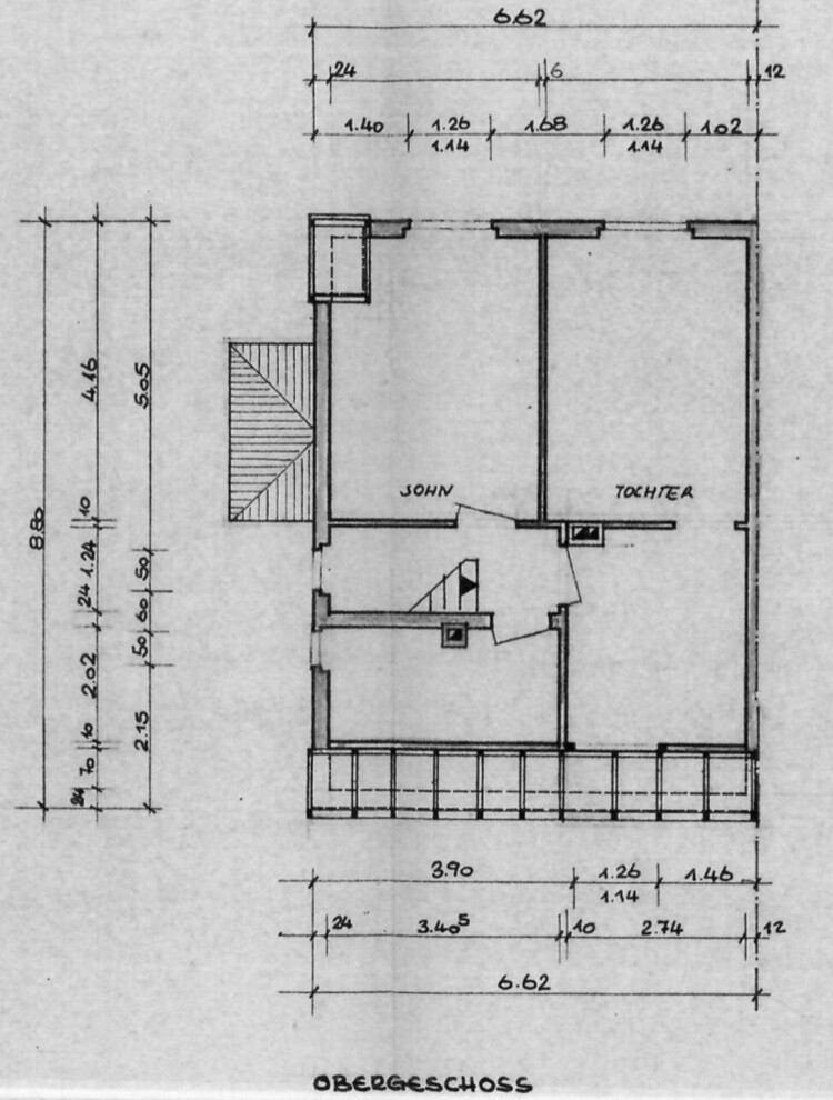 Upper floor plan: two rooms (son, daughter) with staircase and corridor.