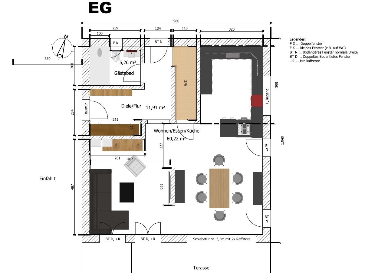 Ground floor plan: open living/dining/kitchen, hall, guest WC, terrace.