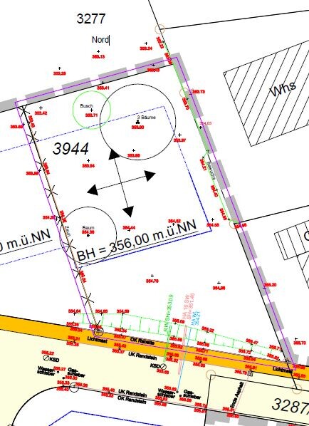 Site plan of a building plot with buildings, circular markings, elevation info, and north arrow.