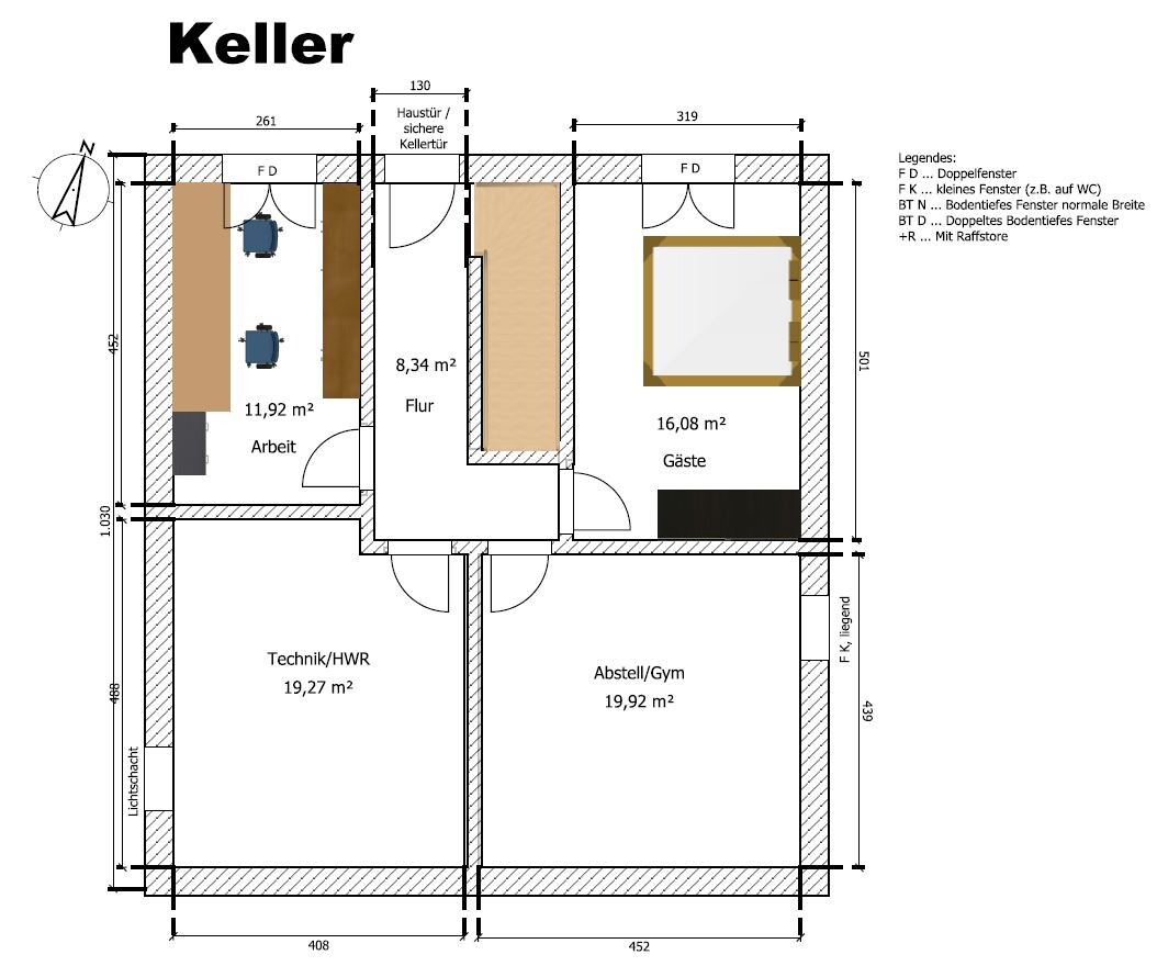 Basement floor plan with hallway, work area, guest room, technical/utility room, and storage/gym.
