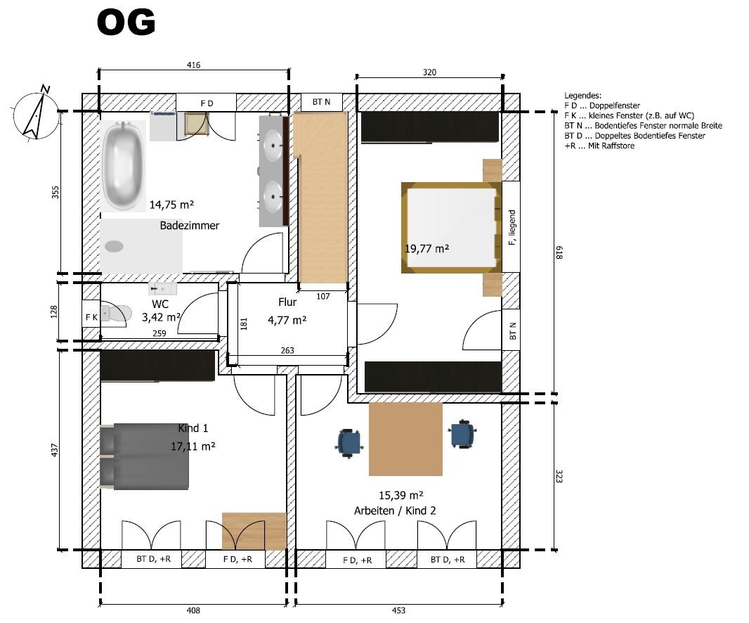 Upper floor plan: bathroom with bathtub, WC, hallway, child 1, office/child 2, bedroom.