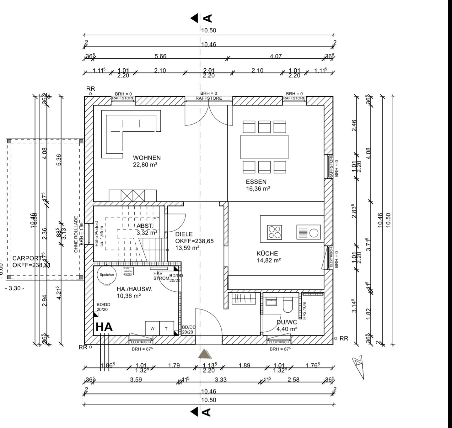 Floor plan of a single-family house: Living, dining, kitchen, entrance hall, shower/WC, utility room, storage, carport.