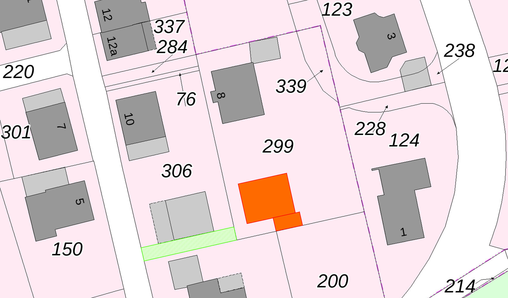 Site plan of a residential area with parcel numbers; building marked in orange on parcel 299.