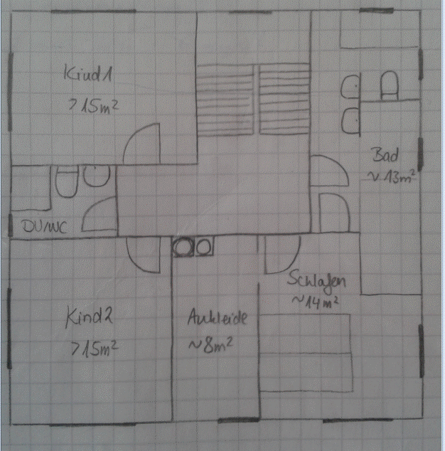 Handgezeichneter 2D-Hausgrundriss mit Schlafzimmer, zwei Kinderzimmern, Ankleide, Bad und Flur