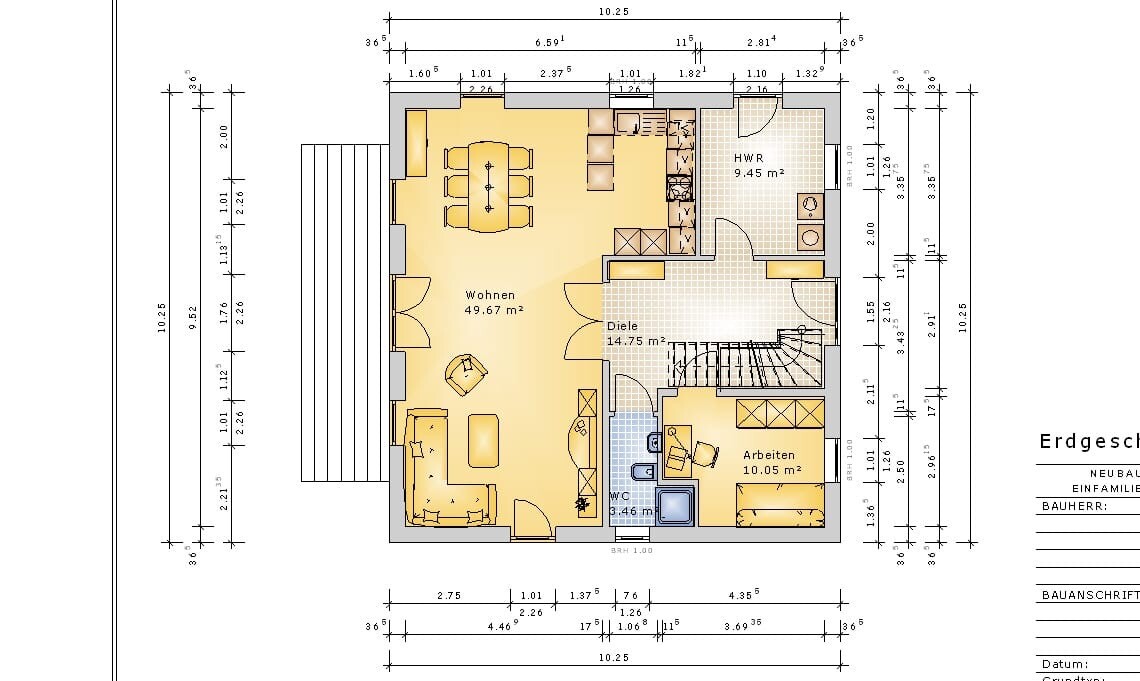 Ground floor plan: open living/dining area, kitchen, hallway, workroom, utility room, stairs, WC