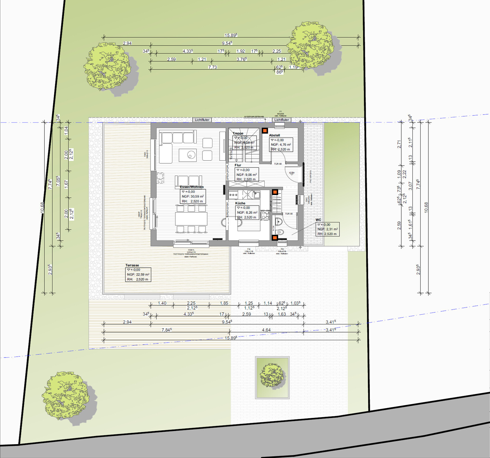 Floor plan of a house with living area, kitchen, hallway, stairs, terrace, and garden.