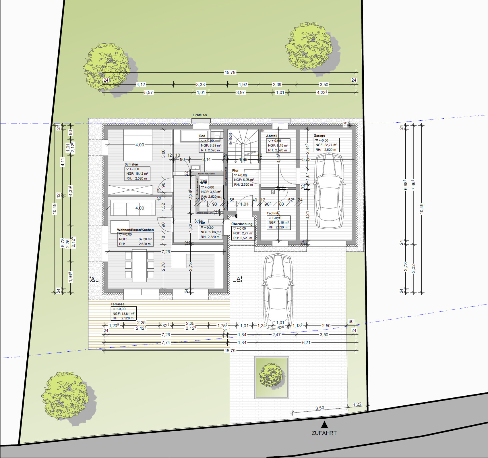 Floor plan of a house with garden, terrace, garage, and two cars.