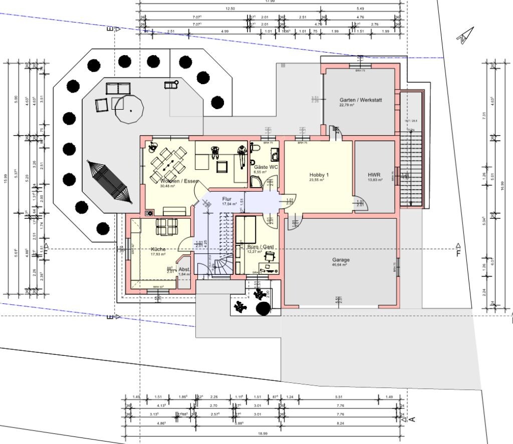 Floor plan of a house with living/dining area, kitchen, hallway, hobby room, garage, and garden.